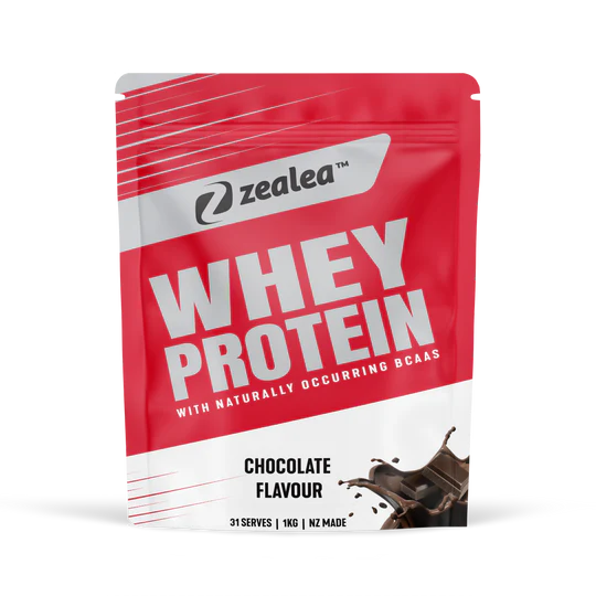 Zealea whey protein package with red and white design on a white background